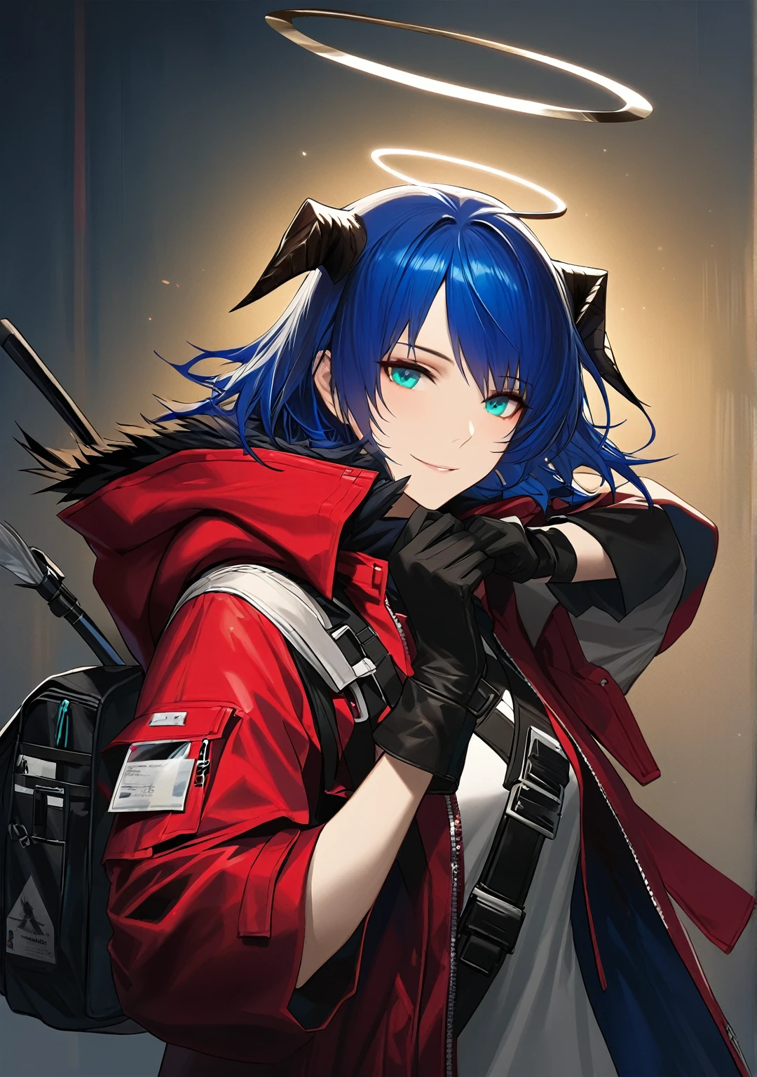 (woman), ((Mostima from arknights)), masterpiece, best quality, blue hair, ((short hair)), horns, plain white shirt, red fullbody coat, red hood, dark blue eyes, realistic anime style, smiling, ((portrait)), black gloves, carring a bag, halo.