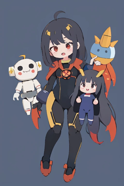 Primary school students ,Young Girl,,Height: 130cm,Character portrait,Simple design,Black hair okata,Hair is black,Red eyes,Shoulder Bare,Ahoge,Kokeshi,Deformation,Mini character,Confused eyes,Pitch Resuit,Perfect Suit,Perfect costume,Yoga Suit,Robot Joint , Robot shoulder,Plug Suit,Spacesuit,Full body illustration
