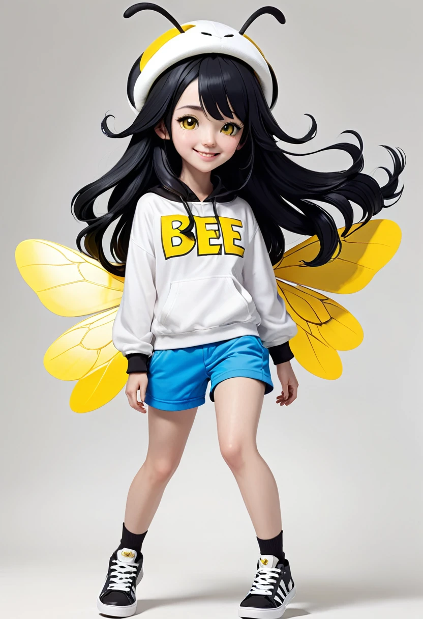 A character with the characteristics: long black hair white skin happy face a yellow and black white outfit with black and yellow shorts and black sneakers with a bee hat with blue wings with the character flying