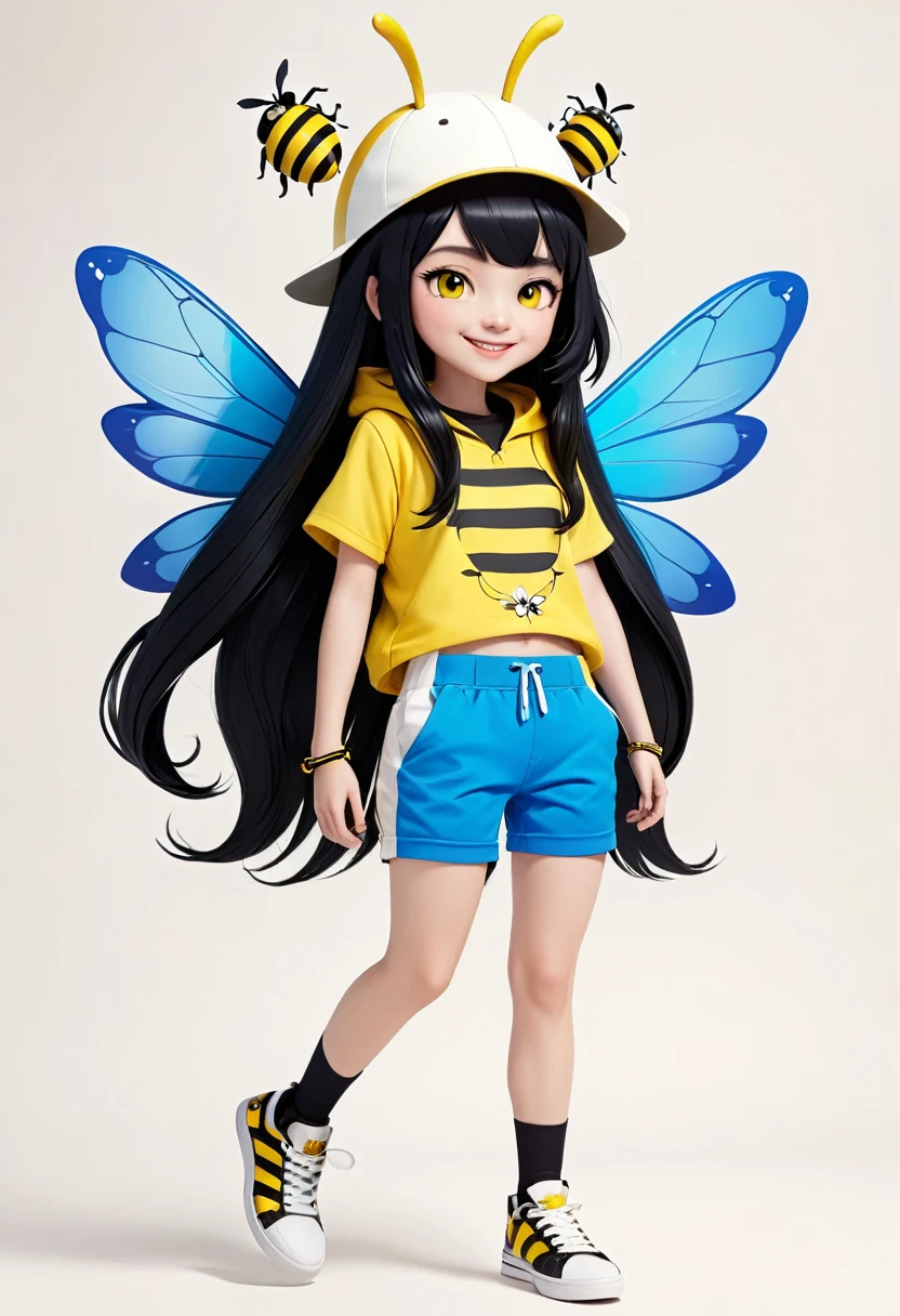A character with the characteristics: long black hair white skin happy face a yellow and black white outfit with black and yellow shorts and black sneakers with a bee hat with blue wings with the character flying