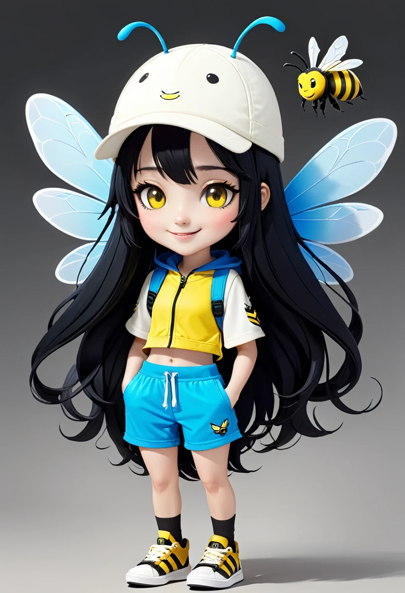 A character with the characteristics: long black hair white skin happy face a yellow and black white outfit with black and yellow shorts and black sneakers with a bee hat with blue wings with the character flying