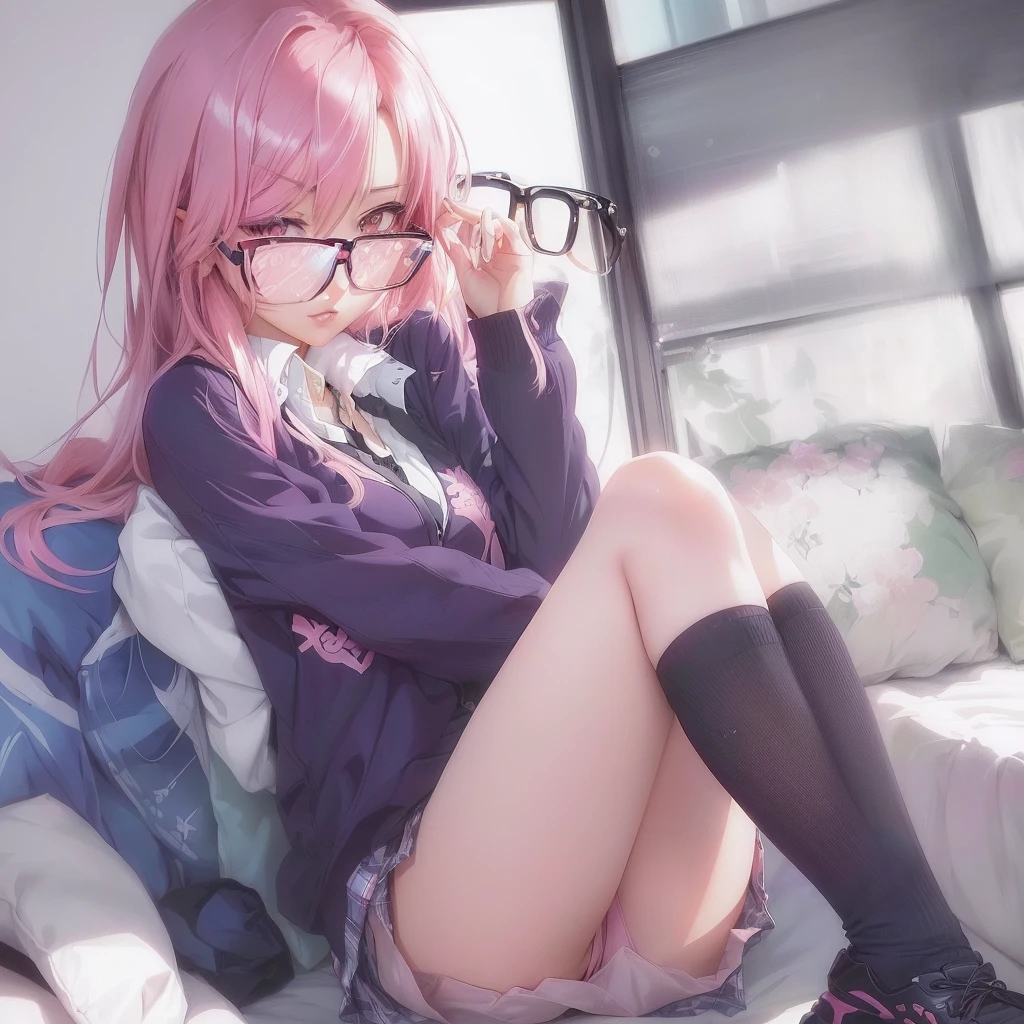 Anime Girls with pink hair and glasses sitting on a bed, seductive Anime Girls, artwork in the style of Gwaiz, Smooth anime CG art, Beautiful anime school girl, Gwaiz, hyperRealistic , a hyperRealistic , Gwaiz on pixiv artstation, Wearing glasses, Soft anime illustration, Realistic , Anime Girls