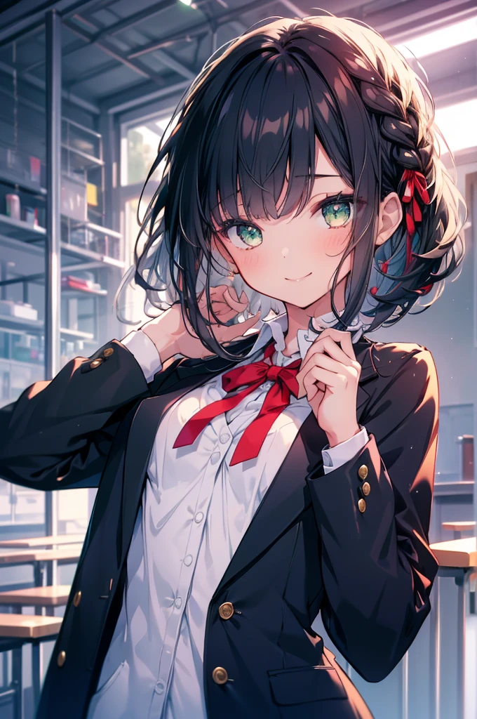 (masterpiece), Highest quality, One girl, Black Hair, Bob, Braiding, Green Eyes, smile, (he is short), (Young), Small breasts, (No breasts), navy and white blazer, Red ribbon on chest, School uniforms, High resolution