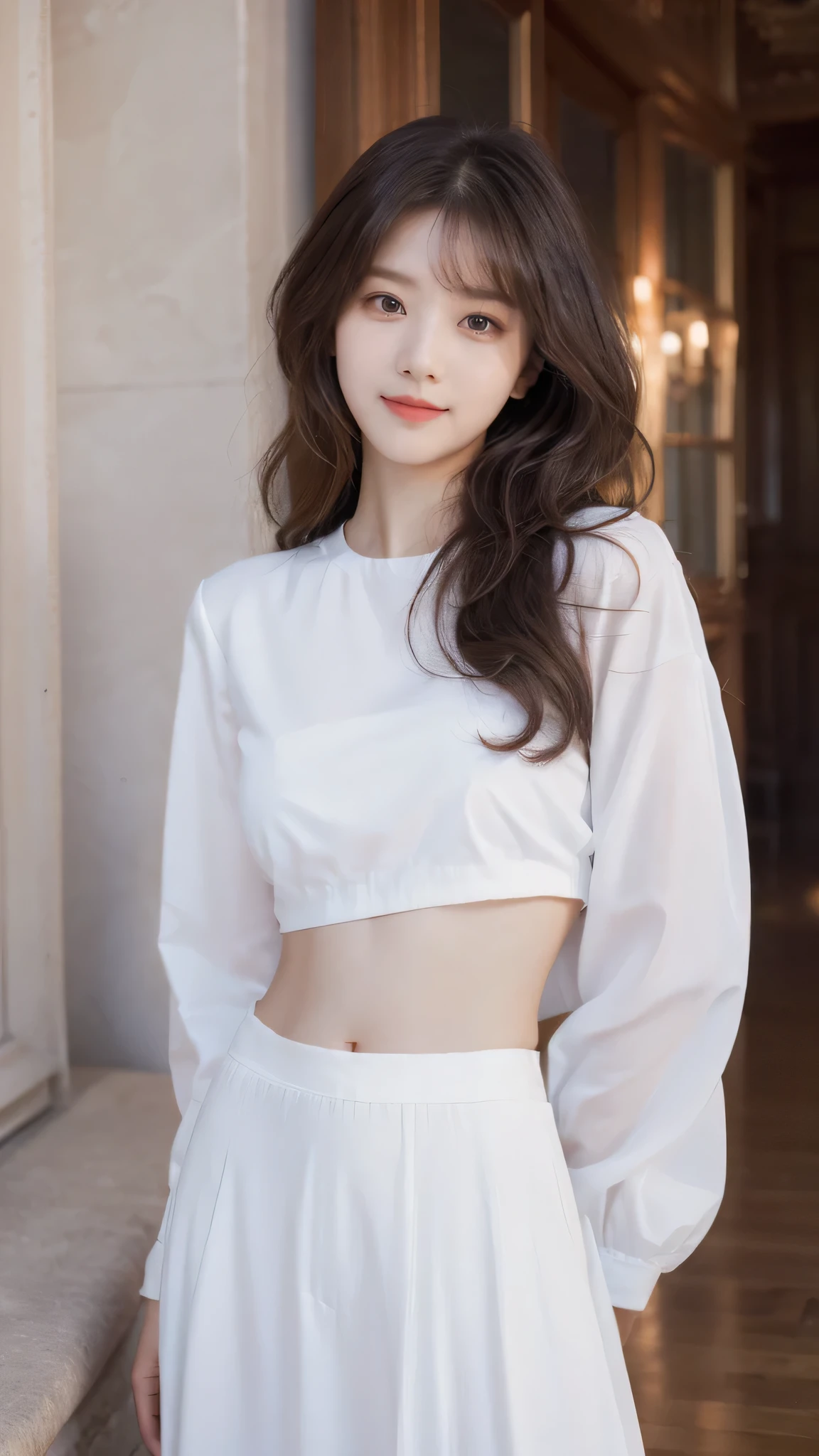 detailed background, masterpiece, best quality, 1 person , curly hair, long hair, purple eyes, star in eye , white  blouse, long  skirt, covering whole body 