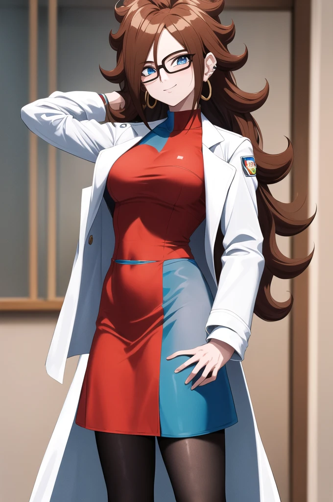 masterpiece, Best Quality, High resolution, aaandro, Brown hair, by the wide, Curly hair, blue eyes, hoop earrings, two tone dress, plaid dress, lab coat, long sleeves, black pantyhose, Dragon Ball, inside, standing, cowboy shot, smile, glasses, White lab coat