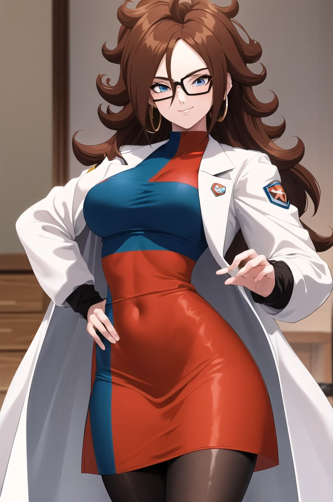 masterpiece, Best Quality, High resolution, aaandro, Brown hair, by the wide, Curly hair, blue eyes, hoop earrings, two tone dress, plaid dress, lab coat, long sleeves, black pantyhose, Dragon Ball, inside, standing, cowboy shot, smile, glasses, White lab coat