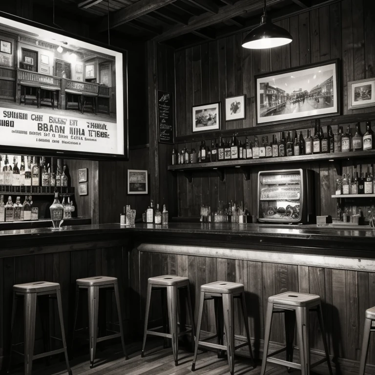 Generate an image of an old bar in Argentina. The bar has a nostalgic atmosphere, with wooden tables and chairs, walls decorated with black and white photographs and old advertising posters. In a corner of the bar, on a shelf, a classic television from the 60s is found, with a tube screen and a wooden casing. The TV is on, showing a black and white image from a television show from that era. The bar's soft lighting creates a warm and welcoming atmosphere... The image must have central focus since it is for the cover of a musical album about tango. The presence of a vintage television in the central part of the image is important .