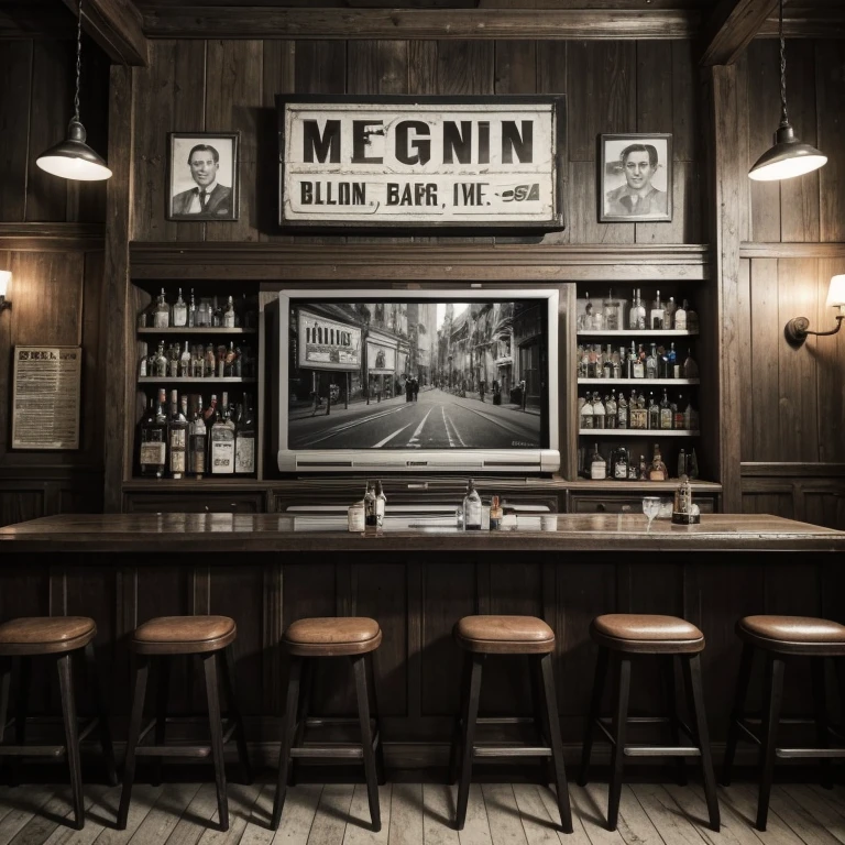 Generate an image of an old bar in Argentina. The bar has a nostalgic atmosphere, with wooden tables and chairs, walls decorated with black and white photographs and old advertising posters. In a corner of the bar, on a shelf, a classic television from the 60s is found, with a tube screen and a wooden casing. The TV is on, showing a black and white image from a television show from that era. The bar's soft lighting creates a warm and welcoming atmosphere... The image must have central focus since it is for the cover of a musical album about tango. The presence of a vintage television in the central part of the image is important .