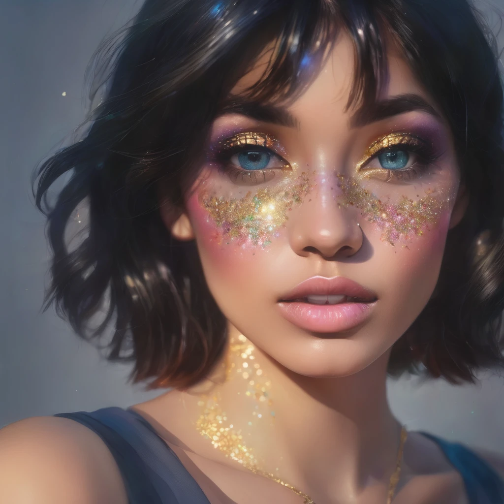 A close-up portrait of a woman's face adorned with intricate glitter makeup. Focus on the hyperrealistic texture of the skin, capturing every pore, wrinkle, and blemish. The glitter should appear as if it's embedded in the skin, reflecting light in a dazzling array of colors. Pay attention to the way the glitter interacts with the skin's natural oils and shadows.