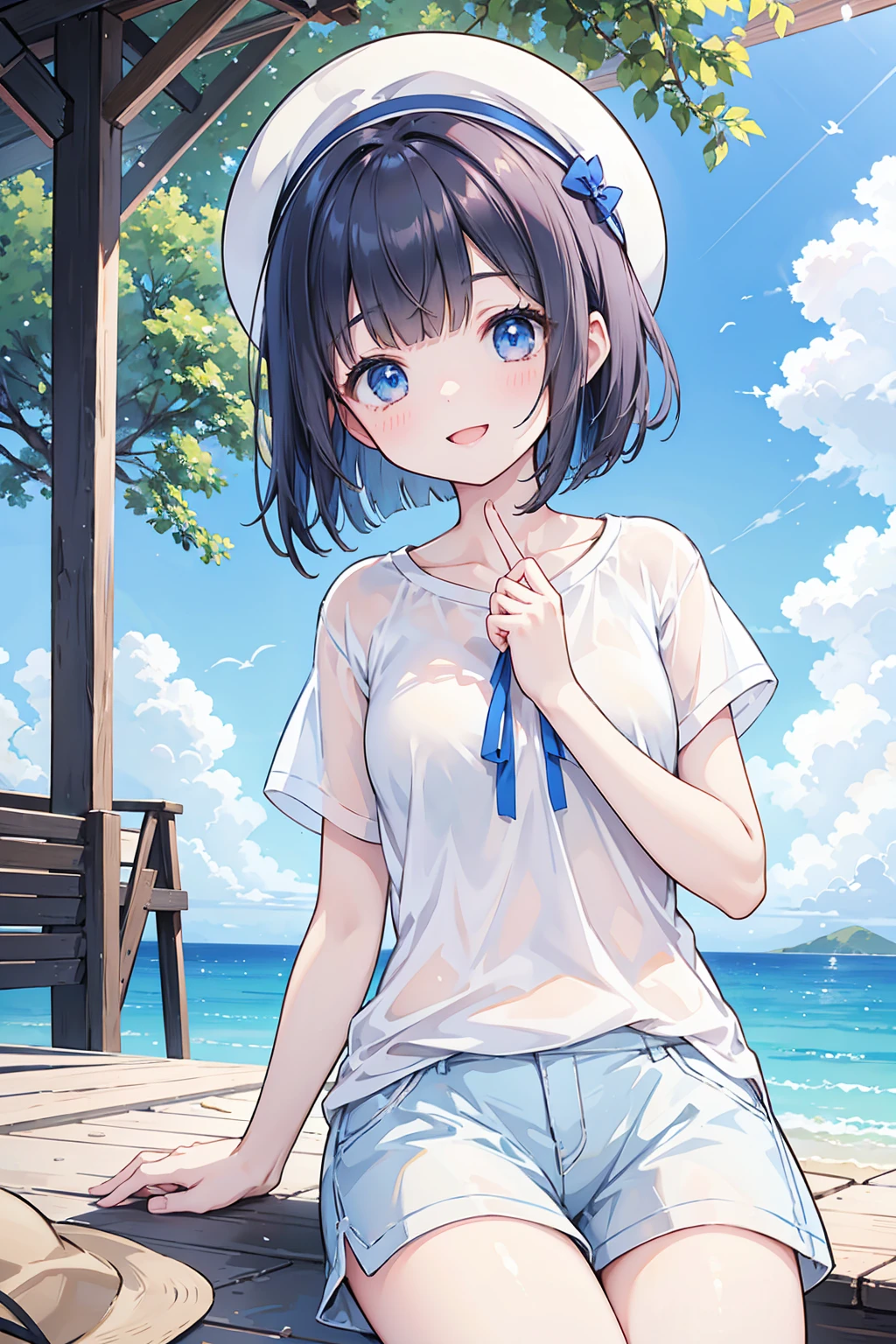 Official art、Top quality ultra-detailed CG art、white swimwear:1.2)、Black hair、lively girl、white t-shirts、Transcendent Cute、kirakira、Twin-tailed、ssmile、bob cuts、turn、frombelow、a room、Hats、