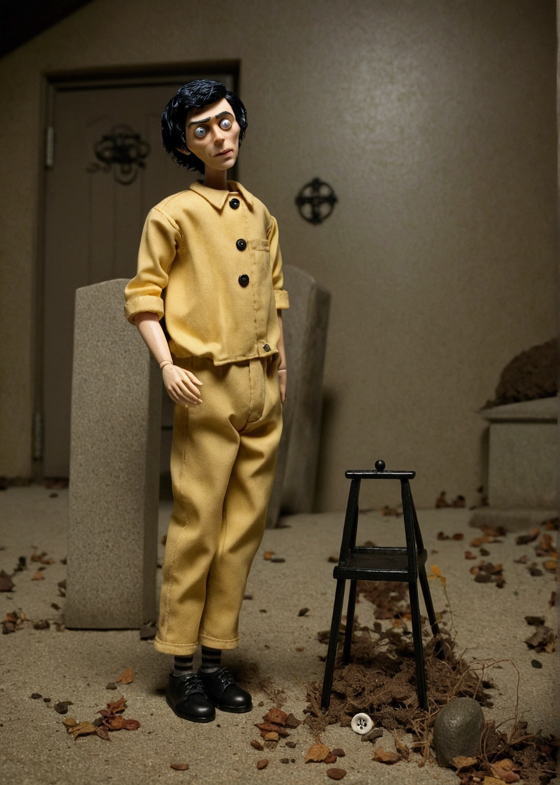 Man doll based on the film “Coraline”. He has buttons on his eyes, Your hair is curly, thick brown lips. Black hair is black eye color too. horror film, cemetery