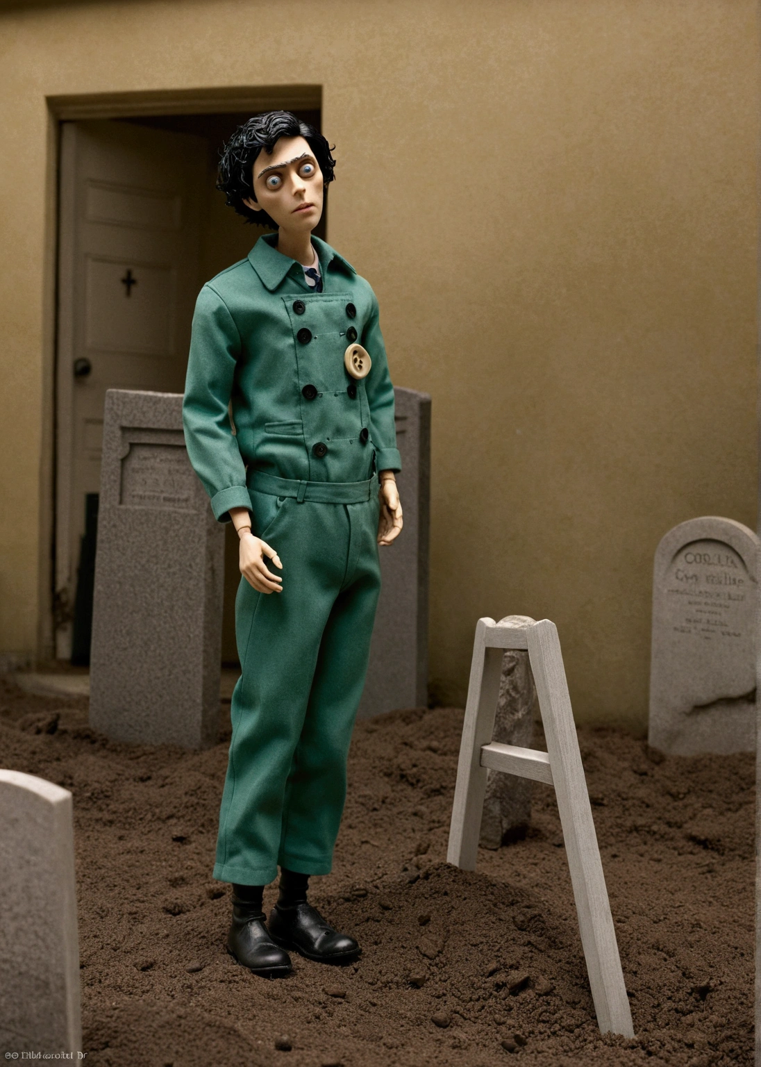 Man doll based on the film “Coraline”. He has buttons on his eyes, Your hair is curly, thick brown lips. Black hair is black eye color too. horror film, cemetery