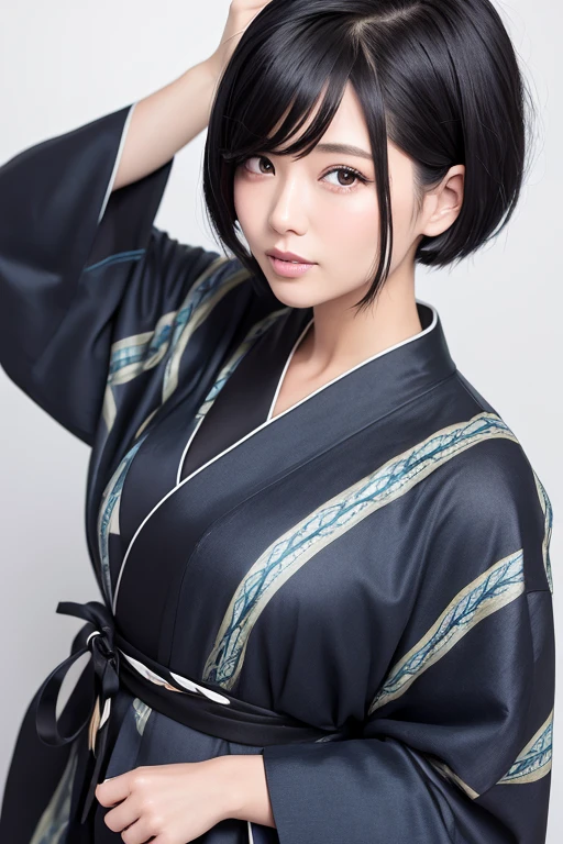 Short Hair Beauty、Black Hair、Blue kimono