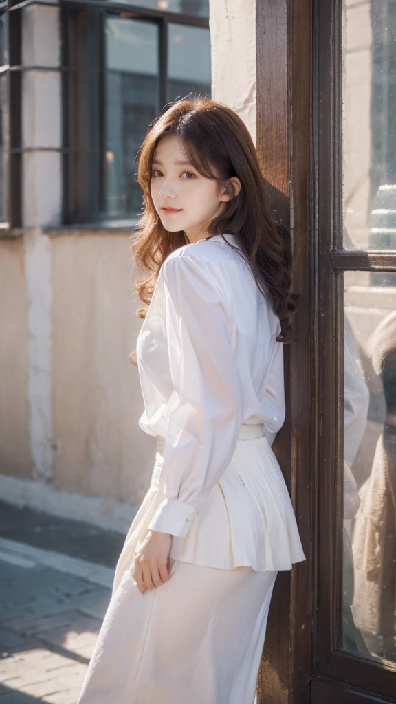 detailed background, masterpiece, best quality, 1 person , curly hair, long hair, purple eyes, star in eye , white  blouse, long  skirt,