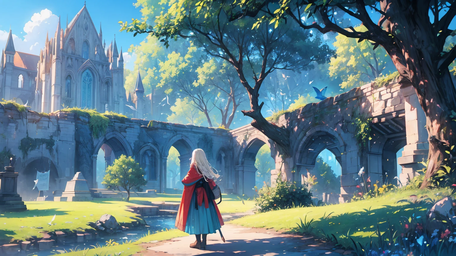 a woman stood from afar on the grass, woman from a distance, landscape, clear blue sky and fantasy world medieval mega-building, rocks, tree branches, fallen leaves, birds, The scene is depicted in a highly saturated and vibrant style, intense and rich colors vivid, rendered with strong exaggerated colors, The sky above is clear blue sky, The atmosphere is full of magical color films, High Detail.