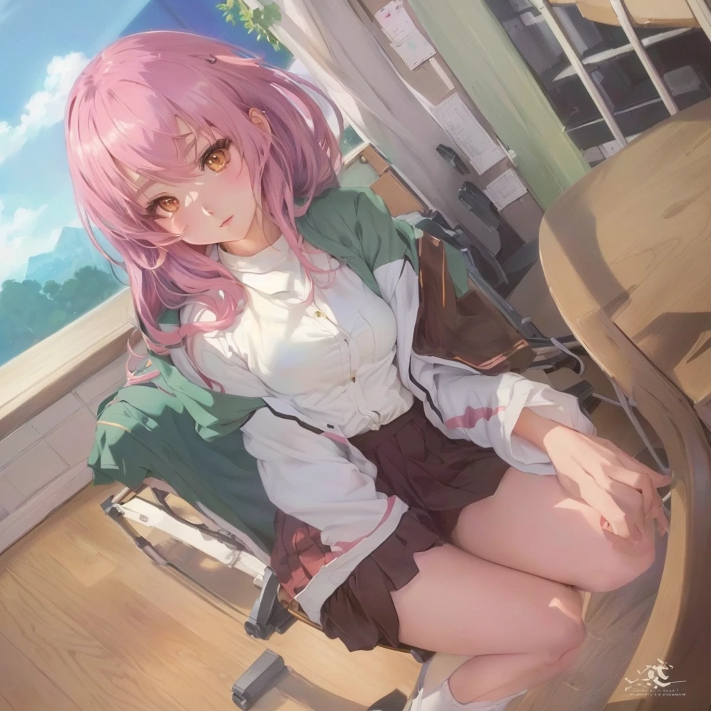 Anime girl sitting on a chair in a room with a table, Gwaiz, artwork in the style of Gwaiz, Created by Anime Painter Studio, Alchemist Girl, Painted in an anime artist's studio, Rorish, Full Color, Full Color, Exciting Literature Club, Gwaiz on pixiv artstation, Smooth anime CG art, アニメ 萌え アートスタイルanime girl in a Messy room with a pink jacket and black skirt, Anime Moe Art Style, Cute girl anime visuals, Messy room, Dirty clothes, Anime Style 4k, Best anime 4k konachan wallpaper, Half Yamada, yandere, destroyed clothes, Torn clothes, Burning, Anime Art Wallpapers 8K, Anime background key visual she is a japanese woman she is 17 years old. she is very skinny. Her shoulders are very narrow. she is naked. her breasts are small. She is 170 cm tall. She weighs 35kg. She has a transparent pink cunt exposed. She draws the female genitalia clearly.Her outline is thin and she doesn't use black, A sweet look in love. Her cheeks are dyed red. Japanese painting. pale watercolor. Do not draw outlines.The uterus and vagina are visible through the skin. The skin is transparent and the organs are visible.Very thin, small breasts, thin legs Pink straight hair, brown eyes, A short skirt with a checkered pattern, a tie of the same color as the skirt, and a navy blue blazer.Female genitalia exposed. with an anarchic color scheme.A Japanese high school girl is coming home from school and changing her clothes, exposing her skin.She is wearing a navy blazer, a plaid/checkered skirt, black knee-high socks, and has long pink hair, wearing glasses.The genitals are exposed and conspicuous.I'm changing clothes in my room and I'm naked. She doesn't even wear underwear.Do not draw outlines. A pale watercolor painting. Color saturation is low.