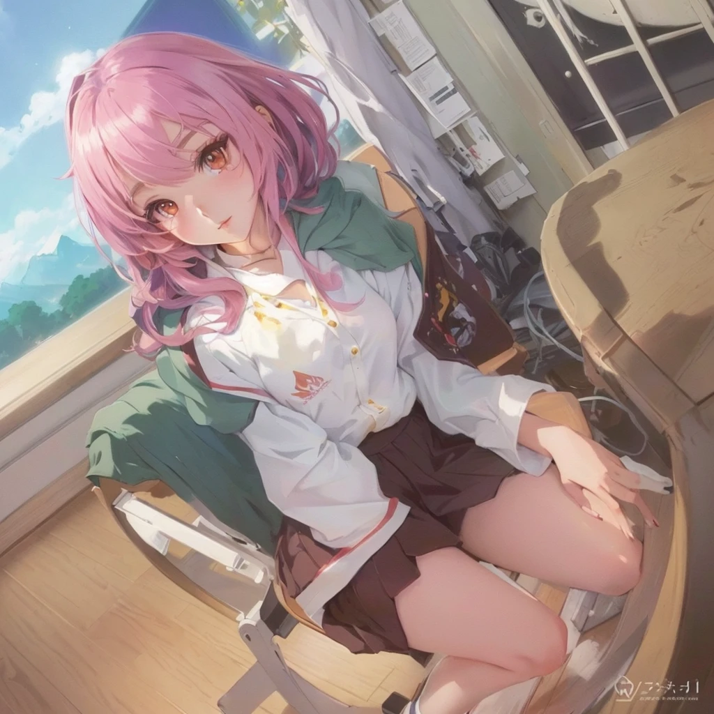 Anime girl sitting on a chair in a room with a table, Gwaiz, artwork in the style of Gwaiz, Created by Anime Painter Studio, Alchemist Girl, Painted in an anime artist's studio, Rorish, Full Color, Full Color, Exciting Literature Club, Gwaiz on pixiv artstation, Smooth anime CG art, アニメ 萌え アートスタイルanime girl in a Messy room with a pink jacket and black skirt, Anime Moe Art Style, Cute girl anime visuals, Messy room, Dirty clothes, Anime Style 4k, Best anime 4k konachan wallpaper, Half Yamada, yandere, destroyed clothes, Torn clothes, Burning, Anime Art Wallpapers 8K, Anime background key visual she is a japanese woman she is . she is very skinny. Her shoulders are very narrow. she is naked. her breasts are small. She is 170 cm tall. She weighs 35kg. She has a transparent pink cunt exposed. She draws the female genitalia clearly.Her outline is thin and she doesn't use black, A sweet look in love. Her cheeks are dyed red. Japanese painting. pale watercolor. Do not draw outlines.The uterus and vagina are visible through the skin. The skin is transparent and the organs are visible.Very thin, small breasts, thin legs Pink straight hair, brown eyes, A short skirt with a checkered pattern, a tie of the same color as the skirt, and a navy blue blazer.Female genitalia exposed. with an anarchic color scheme.A Japanese high school girl is coming home from school and changing her clothes, exposing her skin.She is wearing a navy blazer, a plaid/checkered skirt, black knee-high socks, and has long pink hair, wearing glasses.The genitals are exposed and conspicuous.I'm changing clothes in my room and I'm naked. She doesn't even wear underwear.Do not draw outlines. A pale watercolor painting. Color saturation is low.