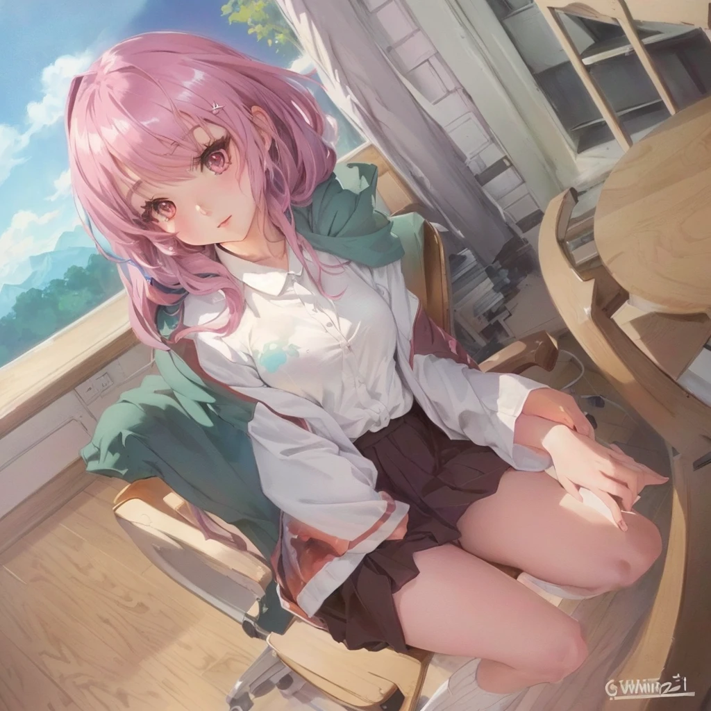 Anime girl sitting on a chair in a room with a table, Gwaiz, artwork in the style of Gwaiz, Created by Anime Painter Studio, Alchemist Girl, Painted in an anime artist's studio, Rorish, Full Color, Full Color, Exciting Literature Club, Gwaiz on pixiv artstation, Smooth anime CG art, アニメ 萌え アートスタイルanime girl in a Messy room with a pink jacket and black skirt, Anime Moe Art Style, Cute girl anime visuals, Messy room, Dirty clothes, Anime Style 4k, Best anime 4k konachan wallpaper, Half Yamada, yandere, destroyed clothes, Torn clothes, Burning, Anime Art Wallpapers 8K, Anime background key visual she is a japanese woman she is 17 years old. she is very skinny. Her shoulders are very narrow. she is naked. her breasts are small. She is 170 cm tall. She weighs 35kg. She has a transparent pink cunt exposed. She draws the female genitalia clearly.Her outline is thin and she doesn't use black, A sweet look in love. Her cheeks are dyed red. Japanese painting. pale watercolor. Do not draw outlines.The uterus and vagina are visible through the skin. The skin is transparent and the organs are visible.Very thin, small breasts, thin legs Pink straight hair, brown eyes, A short skirt with a checkered pattern, a tie of the same color as the skirt, and a navy blue blazer.Female genitalia exposed. with an anarchic color scheme.A Japanese high school girl is coming home from school and changing her clothes, exposing her skin.She is wearing a navy blazer, a plaid/checkered skirt, black knee-high socks, and has long pink hair, wearing glasses.The genitals are exposed and conspicuous.I'm changing clothes in my room and I'm naked. She doesn't even wear underwear.Do not draw outlines. A pale watercolor painting. Color saturation is low.
