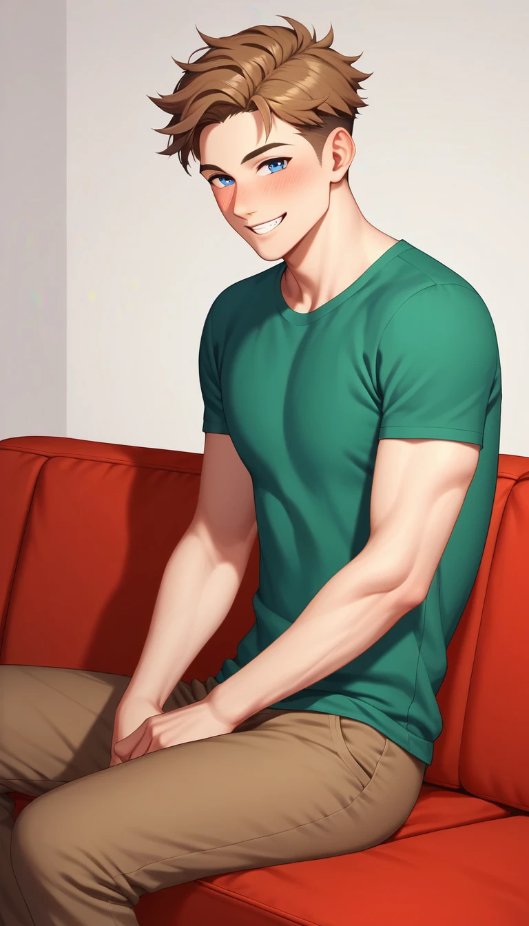 1 ADULT MAN, long shoulder length brown hair, blue eyes, white skin, solo, lean, sharp jawline, handsome, slender body, tall, almond-shaped eyes, dark green shirt, brown pants, kind smile, hands folded on lap, living room, sitting on couch slight blush,