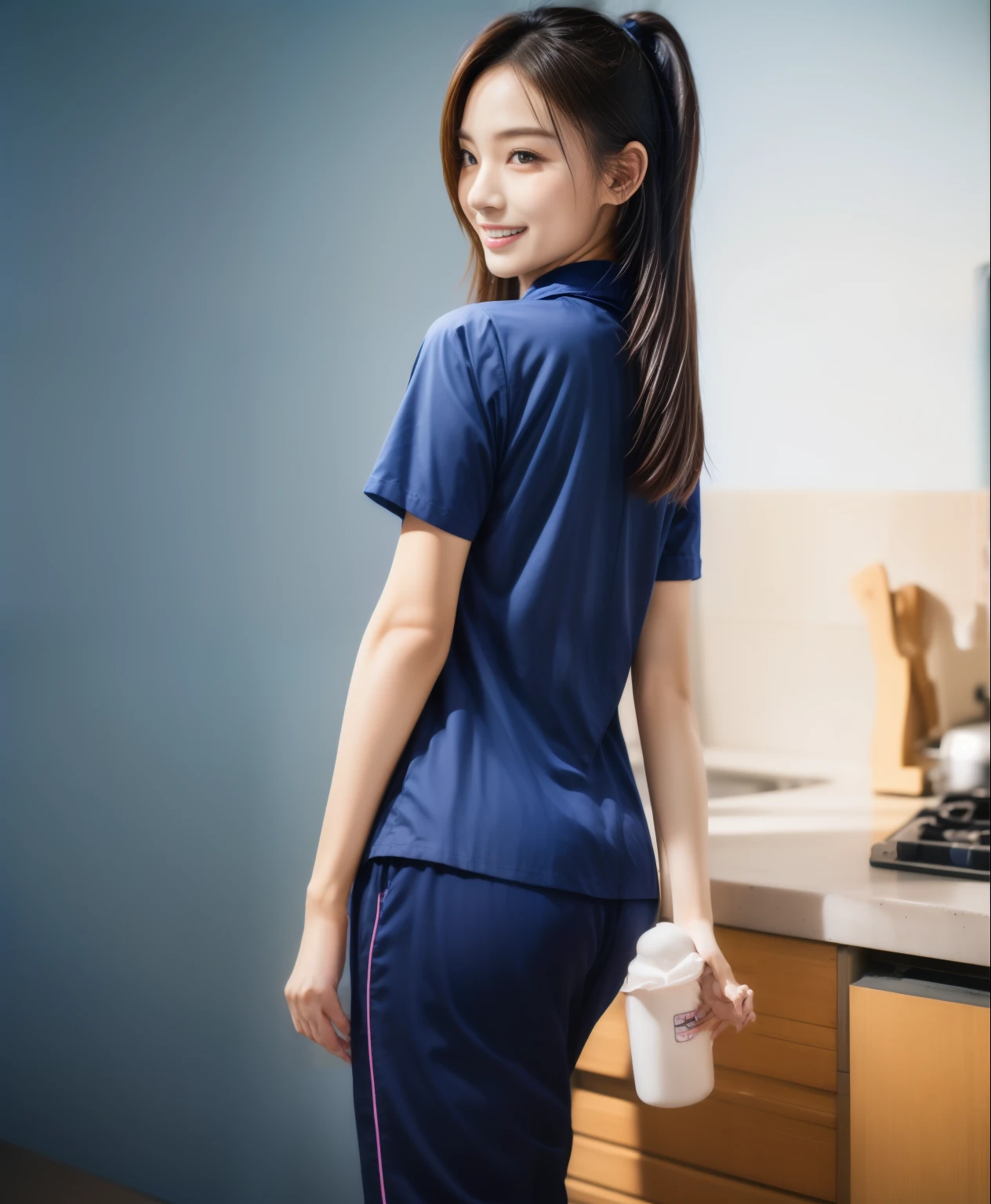(best quality,10,10,height,Masterpiece:1.2),Special details,(realistic,ภาพrealistic,Realistic photos:1.37),1 Cute girl in the kitchen,shiny, ผิวshiny,only,smile softly,BDclothelue shirt:1.3)),short sleeve,shirt, กางเกงขาlong.,(navy_long_track pants:1.1), ((Kitchen Background)),Dynamic angle,excited,Face focus,dynamic poses,from behind,focus on ass,Masterpiece, best quality, ultra realistic, hyper detail, 8k resolution, raw photos, Sharp focus, ((Navy blue shirt:1.1)), short sleeve, เส้นทางlong, perfect body, 2 mature women, 18 years old, Cinema-grade lighting system,blue sweatpants,shirtผ้าออกกำลังกาย,correct anatomy,perfect body, correct body, Sharp face, correct bodyทางกายวิภาค, full body, realistic gestures, long-haired, realistic poses,Wear long shorts...........................,ช่วงขาlong,Good shape,carved girl, Slender figure, model, Good shape, beautiful body,blue sweatpants, two girls kissing