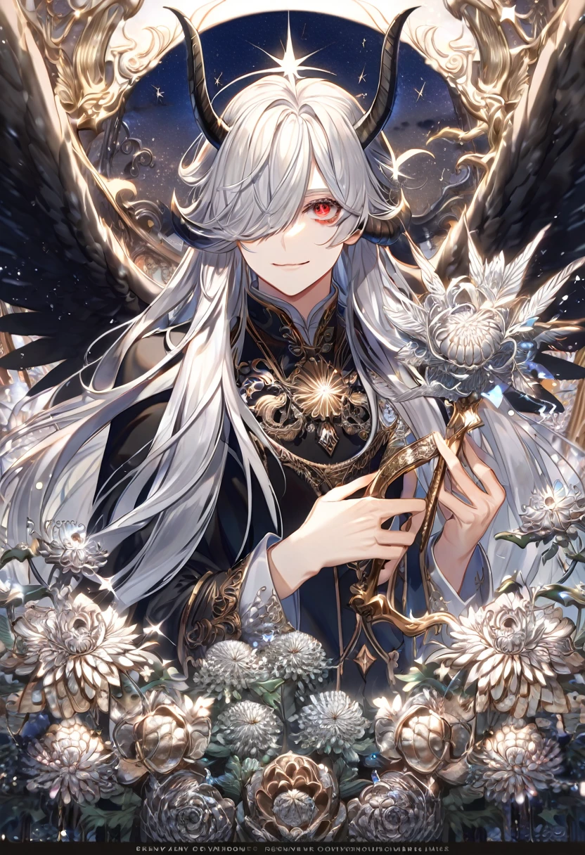 absurdres, highres, ultra detailed, HDR, master piece, best quality, extremely detailed, Krozerus, white hair, messy long hair, expressive red eyes, hair over the right eye, Dream And Legacy, black horns, demon, black angel wings, solo, sexy man, handsome, smile, black cape, fantasy, water, sparkling, silver glittering fireflies, silver moon, silver blossoms, silver chrysanthemums, silver sparkling lights, starry sky, magical