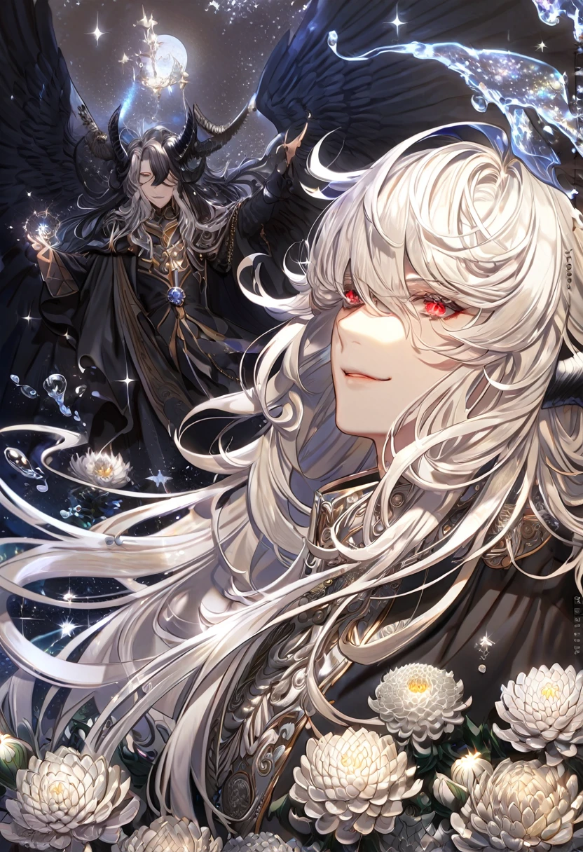 absurdres, highres, ultra detailed, HDR, master piece, best quality, extremely detailed, Krozerus, white hair, messy long hair, expressive red eyes, hair over the right eye, Dream And Legacy, black horns, demon, black angel wings, solo, sexy man, handsome, smile, black cape, fantasy, water, sparkling, silver glittering fireflies, silver moon, silver blossoms, silver chrysanthemums, silver sparkling lights, starry sky, magical