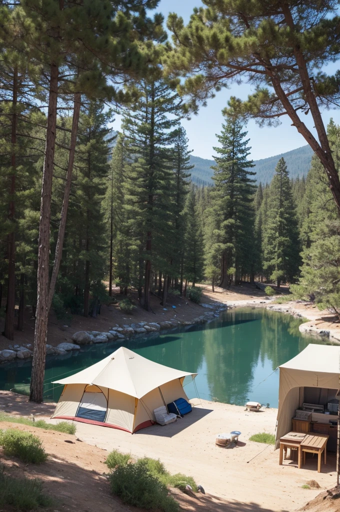 I want a camp with a kiosk over a river and a white building in the corner and several pine trees and also several sleeping tents and a fire pit