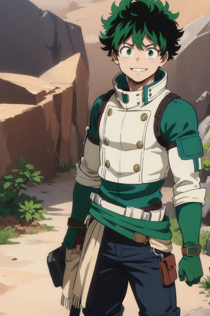 (masterpiece, Best Quality:1.2), cowboy shot, Alone, male focus, 1 chico, Izuku Midoriya, smile, looking at the viewer, short green hair, green eyes, mono green, gloves