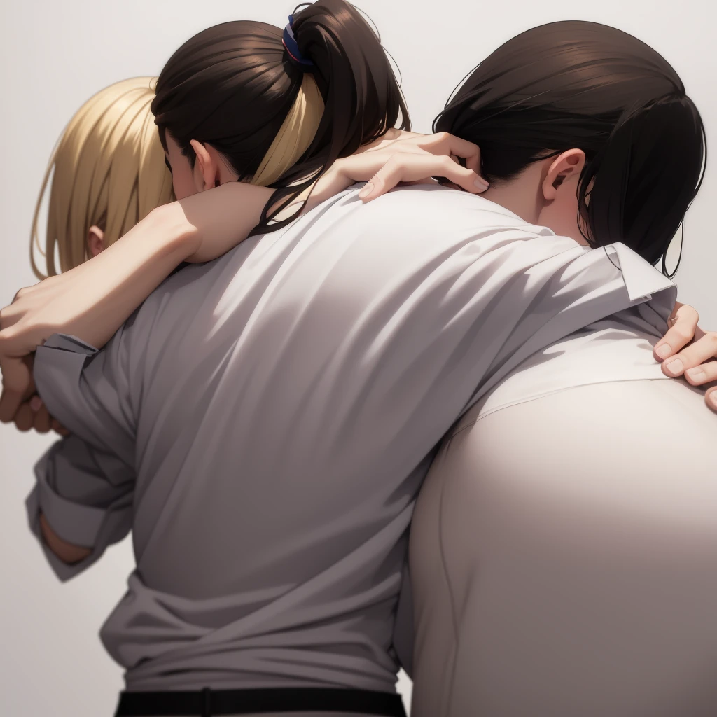 view of the back of a dark haired boy,white shirt and in front of him a girl with ponytail hair, blonde color, eyes closed and blushing, hugging him and digging her nails into him, anime style, White background, back view