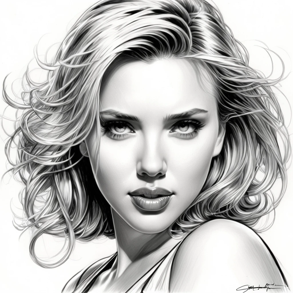 art style drawing, Jim Lee art style, Scarlett Johansson preto e branco