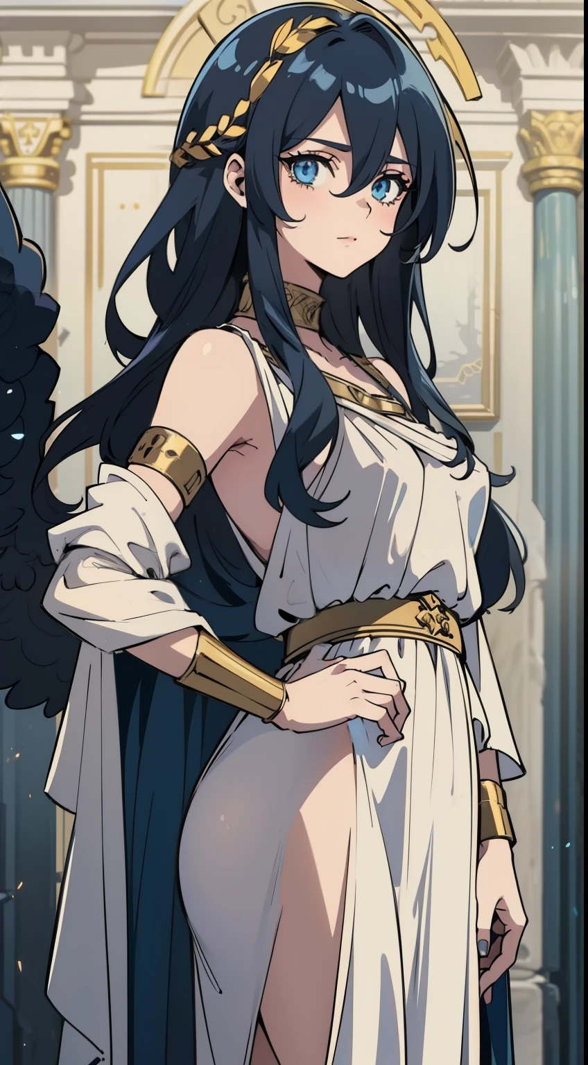 (high qualiy, Breathtaking),(expressive eyes, face perfect) 1 girl, Female, standing alone, grown-up, dark blue hair, white highlights in hair, skin tanned, clear light blue eyes, medium hair length, spiky and fluffy hair, wavy curly hair, black dress with gold details, Tunic, Greek goddess, ancient greek dress, greek clothing, symmetrical eyes, portraite, halfbody, positive expression, fundo cinza, chic, mellow, comely, soft smiling, hair between the eyes, SunsetHuman, collared