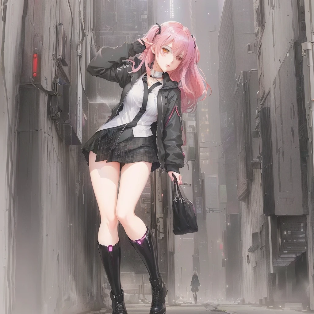 Anime Girls in a  and black boots standing in a city, City Girl Fan Art, cyberpunk Anime Girls, Cyber , an Anime Girls, Short full body portrait!, Yandere. expensive, Anime Girls, Anime full body illustration, inspired by Ib Eisner, In anime style, Best anime 4k konachan wallpaper