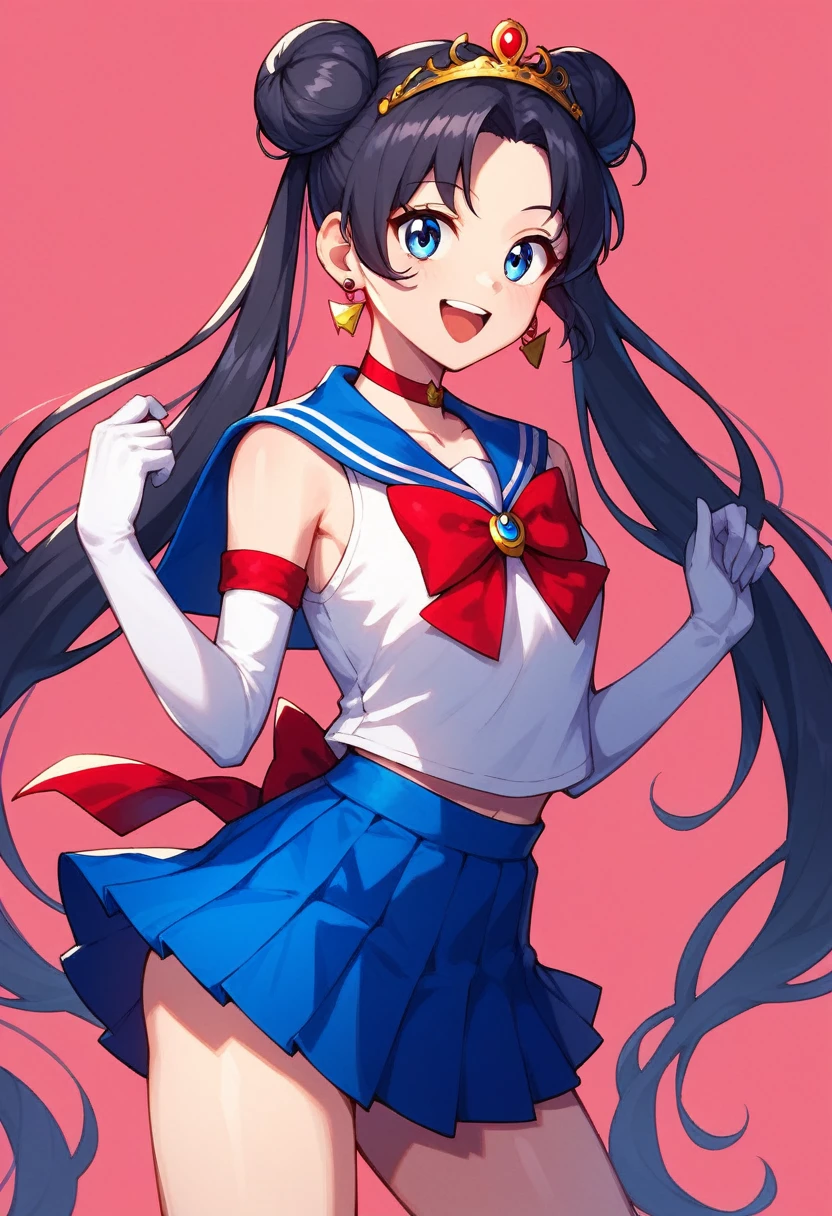 score_9, score_8_up, score_7_up,score_6_up, score_5_up, score_4_up , 1girl, solo, aausagi, long hair, double bun, twintails, parted bangs, tiara, earrings, blue eyes, red choker, blue sailor collar, red bow, white shirt, elbow gloves, white gloves, blue skirt, aamars, long hair, black hair, tiara, earrings, red choker, red sailor collar, purple bowtie, white shirt, elbow gloves, white gloves, pleated skirt, red skirt, bare legs, happy, cowboy shot, simple background