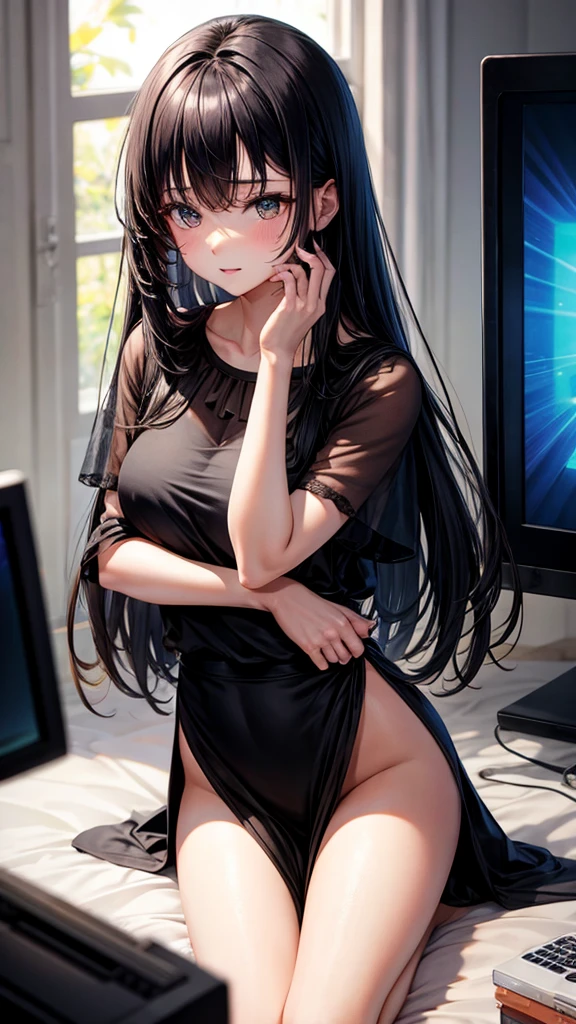 (Best Quality:1.1), (masutepiece:1.2), High quality shadows, Beautiful detailed, Beautiful face, Detailed eyes, depth of fields, hight resolution, Best Shadow, Best Illumination, 1girll, view the viewer, Black hair, Blunt bangs, Long hair, Purple eyes, Shy,、 （Purple panties:1.8）、 Office Lady, cleavage、In the office、NSFW、Very embarrassing、red blush、Teary-eyed、（The nipple is visible、Upper body naked:1.6）、(toppless:1.5), , Full body painting、Mass sweat、Facing backwards、Show your ass、backs、Turn around