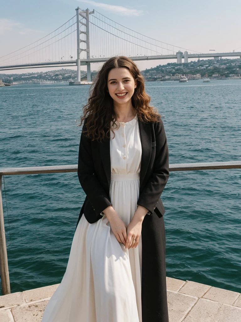 her name is Amelie, high quality, 1girl, ((25-year-old fit Caucasian woman)), ((25 years old)), ((BODY TYPE: HOURGLASS)), ((LONG CURLY HAIR)), SMILING, pose: standing, wearing Well-dressed Generation-Z modern wear VARIETY colored, BACKGROUND: "On a Bosphorus cruise, with views of the illuminated Bosphorus Bridge and historic landmarks."