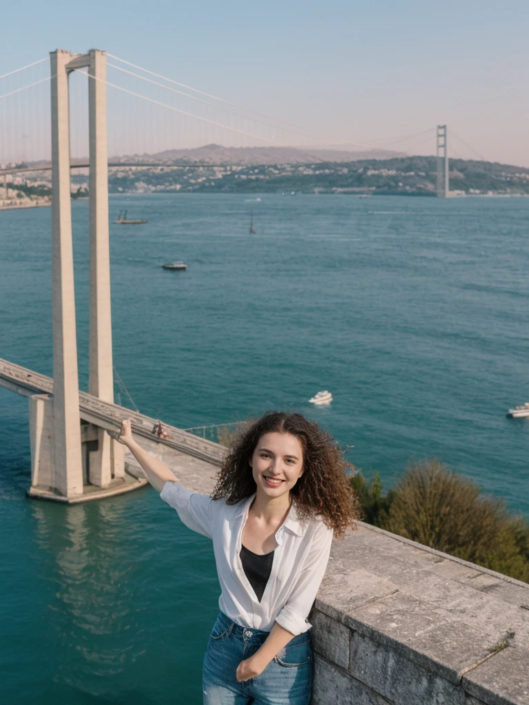 her name is Amelie, high quality, 1girl, ((25-year-old fit Caucasian woman)), ((25 years old)), ((BODY TYPE: HOURGLASS)), ((LONG CURLY HAIR)), SMILING, pose: standing, wearing Well-dressed Generation-Z modern wear VARIETY colored, BACKGROUND: "On a Bosphorus cruise, with views of the illuminated Bosphorus Bridge and historic landmarks."