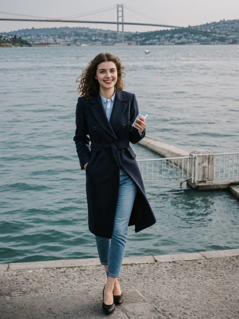 her name is Amelie, high quality, 1girl, ((25-year-old fit Caucasian woman)), ((25 years old)), ((BODY TYPE: HOURGLASS)), ((LONG CURLY HAIR)), SMILING, pose: standing, wearing Well-dressed Generation-Z modern wear VARIETY colored, BACKGROUND: "On a Bosphorus cruise, with views of the illuminated Bosphorus Bridge and historic landmarks."