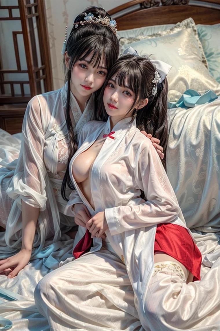 Many beauties touch each other., (clear shirt: 1.2), (open shirt), Light-colored clothes, Sleeveless, big breasts, Breasts erect, close range, two women lying on the bed posing for photos., The whole body is surreal., Beautiful and detailed on both the body and face., gorgeous figure, Ponytail, clear, smile, moan, tease, Surreal full body, Beautiful and detailed on both the body and face., Extra long viewing angle, white skin, Bright colors, Asia, There was hardly anything in the clothes., Blurry, underwear chinese clothing