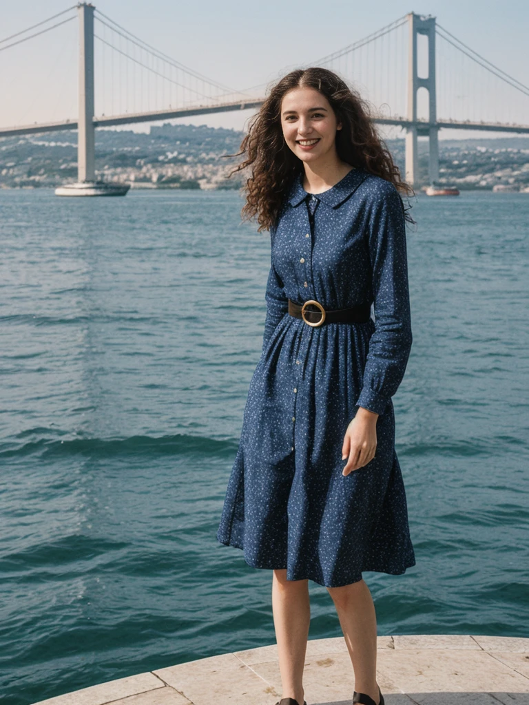 her name is Amelie, high quality, 1girl, ((25-year-old fit Caucasian woman)), ((25 years old)), ((BODY TYPE: HOURGLASS)), ((LONG CURLY HAIR)), pose: standing, wearing Well-dressed ULTRA MODERN Generation-Z modern wear VARIETY colored, BACKGROUND: "Walking along the ancient city walls with panoramic views of the red-tiled roofs and the shimmering Adriatic Sea."