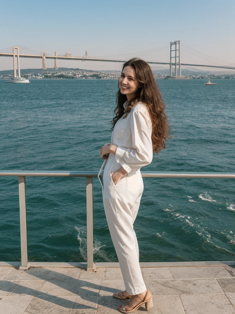 her name is Amelie, high quality, 1girl, ((25-year-old fit Caucasian woman)), ((25 years old)), ((BODY TYPE: HOURGLASS)), ((LONG CURLY HAIR)), SMILING, pose: standing, wearing Well-dressed Generation-Z modern wear VARIETY colored, BACKGROUND: "On a Bosphorus cruise, with views of the illuminated Bosphorus Bridge and historic landmarks."