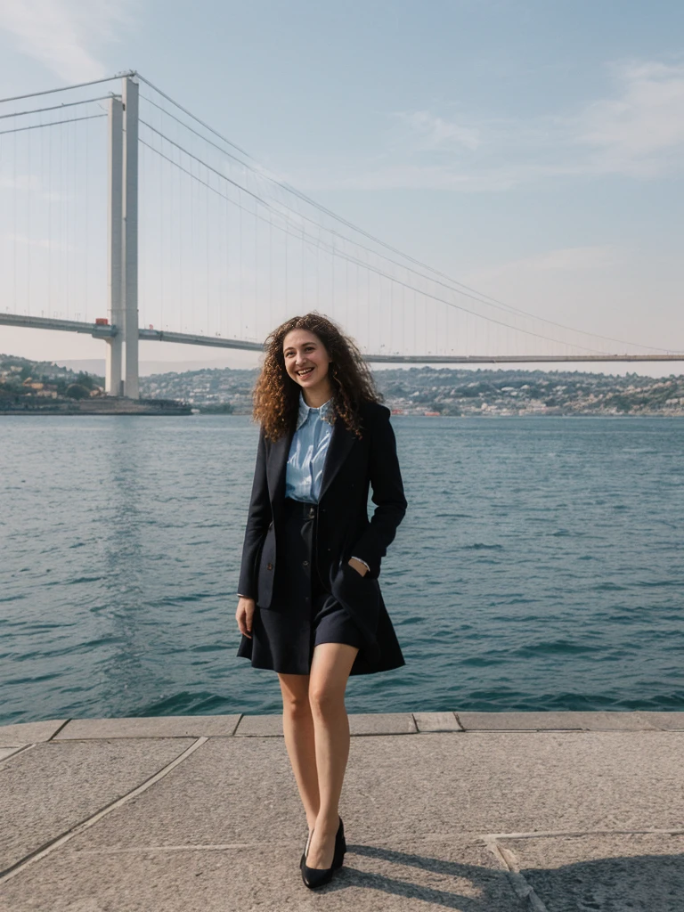 her name is Amelie, high quality, 1girl, ((25-year-old fit Caucasian woman)), ((25 years old)), ((BODY TYPE: HOURGLASS)), ((LONG CURLY HAIR)), SMILING, pose: standing, wearing Well-dressed Generation-Z modern wear VARIETY colored, BACKGROUND: "On a Bosphorus cruise, with views of the illuminated Bosphorus Bridge and historic landmarks."