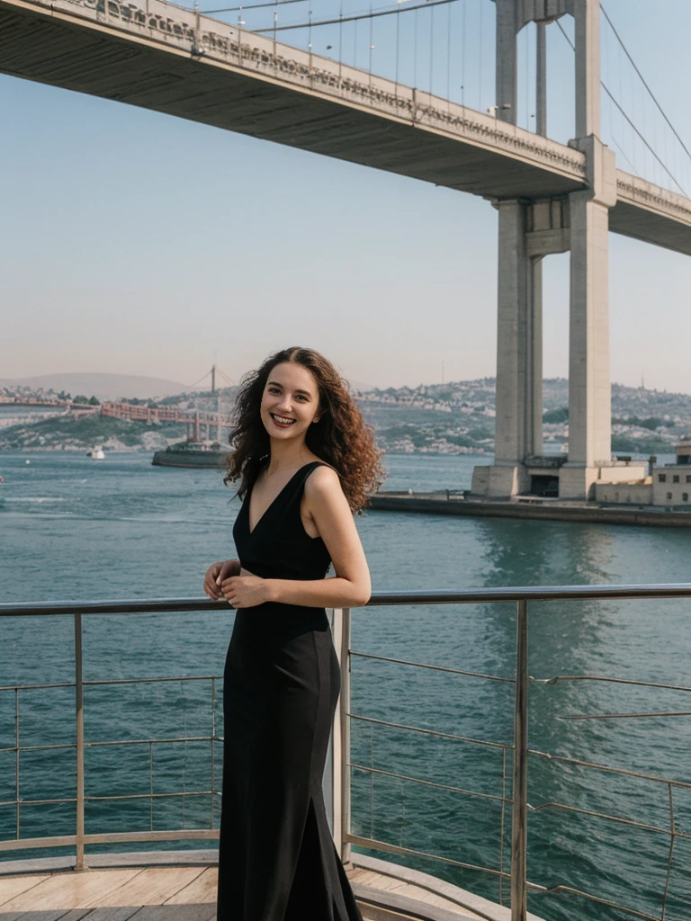 her name is Amelie, high quality, 1girl, ((25-year-old fit Caucasian woman)), ((25 years old)), ((BODY TYPE: HOURGLASS)), ((LONG CURLY HAIR)), SMILING, pose: standing, wearing Well-dressed Generation-Z modern wear VARIETY colored, BACKGROUND: "On a Bosphorus cruise, with views of the illuminated Bosphorus Bridge and historic landmarks."
