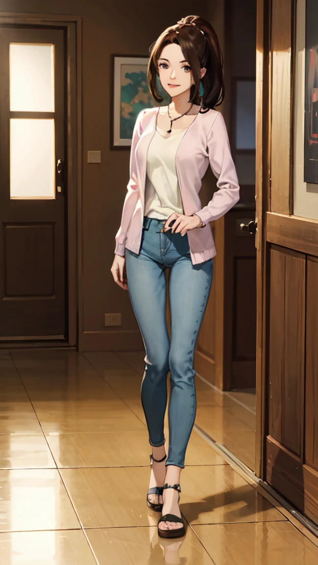 ((Full body photo, standing, on the floor)) KittyPryde_Dress_ownwaifu, 1girl, brown hair, ponytail, necklace, jewelry, blue eyes,  lipstick,long sleeves, lips, long hair, medium breasts, blush, hair bun, scrunchie, makeup, red lips, hair ornament, jeans, denim,  shirt, blue pants, navel, capri pants, pink jacket, cardigan,  absurdres, ultra detailed, masterpiece, best quality, aesthetic, detailed,