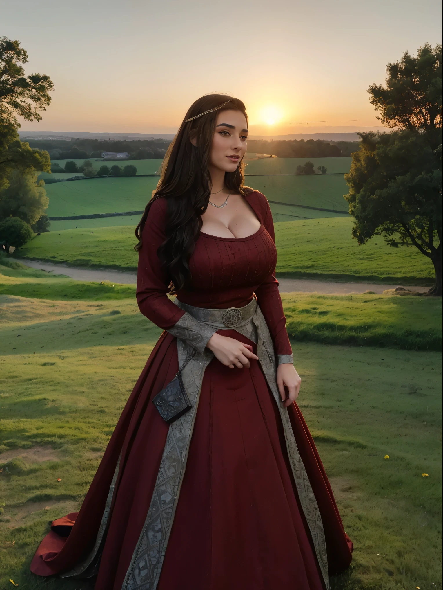Gorgeous and sultry busty athletic (thin) brunette queen with sharp facial features wearing a modest updo, dark red medieval dress, long sleeves, loose sleeves, intricate patterns, embroidery, wide neck, crown, veil, long dress, modest dress, tight bodice, silver belt, (waist chain), medieval jewelry, Middle Ages, castle, rampart, wall, exterior, on top of a castle wall, trees, countryside, evening, sunset. large breasts.