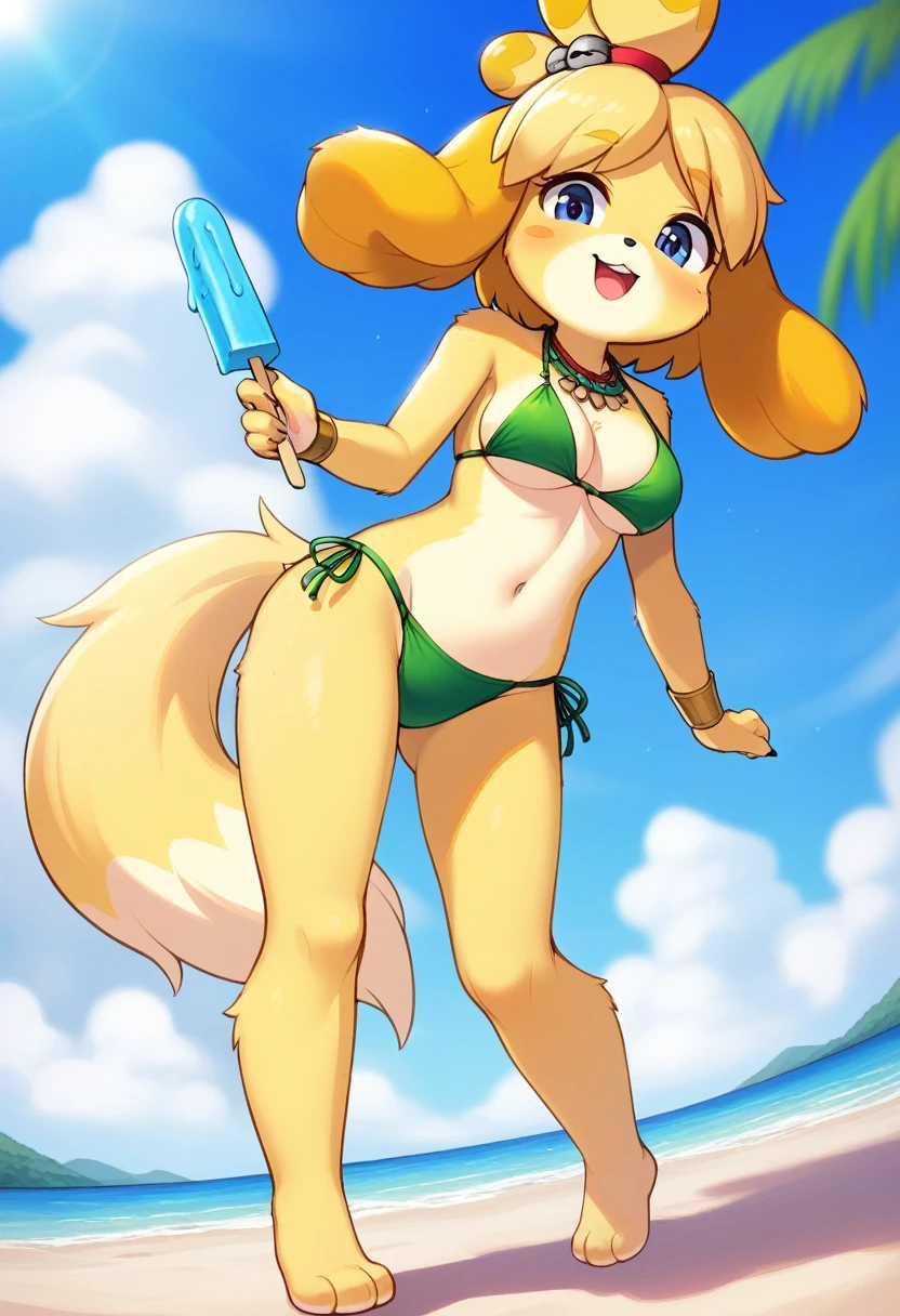 [isaCrossing], [Isabelle; Animal Crossing], [Uploaded to e621.net; (Pixelsketcher)], kemono, dagasi, solo female isabelle \(animal crossing\) with ((tiny and short body with yellow fur)), ((cute body)), (full body), (topknot), (blue eyes), (fluffy tail), ((anthro furry)), ((wearing a cute green string bikini:1.4)), (cleavage), (egyptian necklace), ((medium breasts)), (detailed fluffy fur), (front view), (viewed from below), (standing), (sucking an popsicle), (seductive pose), (looking at viewer), (detailed background, beach background, outdoors, depth of field, half body shadow, ambient light on the body), (intricate:1), (high detail:1.3), (unreal engine:1.2), (soft focus:1.15), [explicit content, questionable content], (masterpiece, best quality, 4k, 2k, shaded, absurd res)