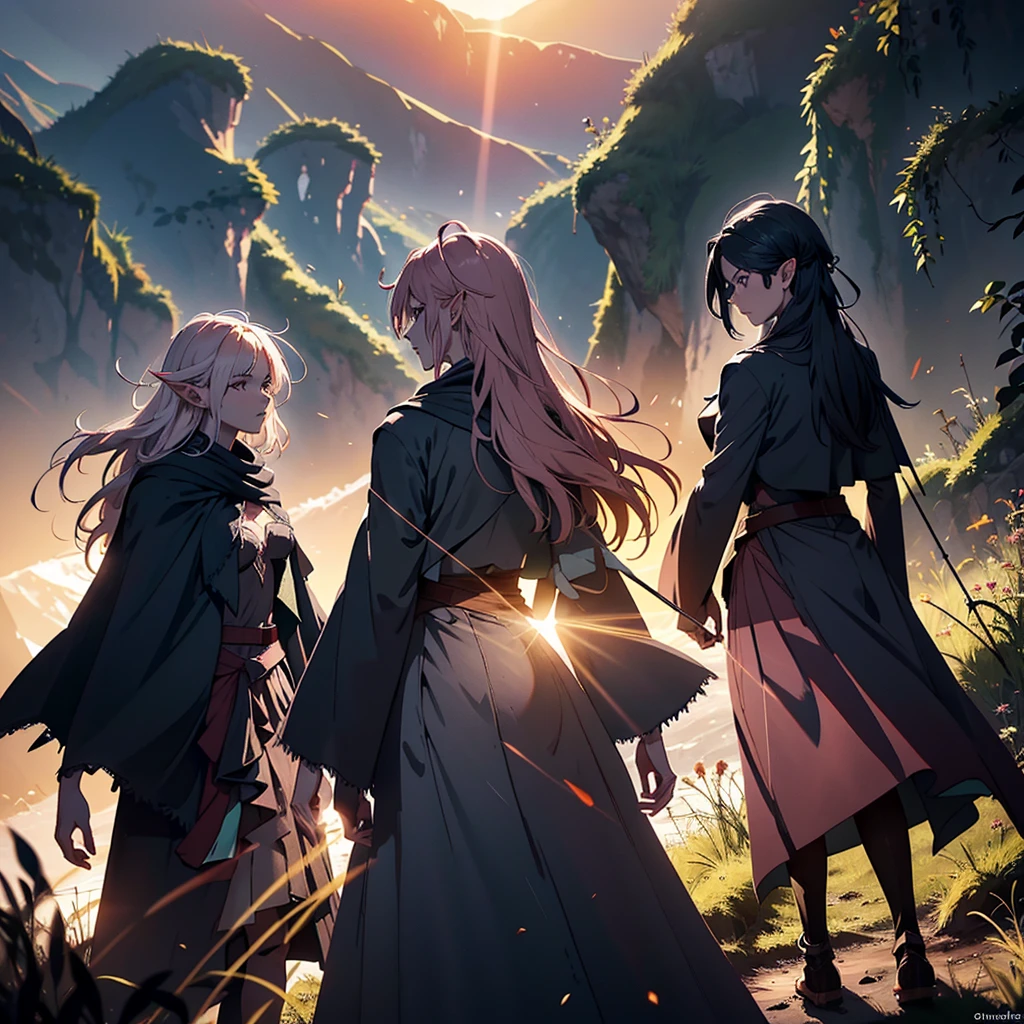 "High resolution elf silhouettes, positioned on a hill at dusk. The silhouettes are slim and elegant, with pointy ears and long hair flowing in the wind. Some elves are standing with bows and arrows, while others hold swords or spears. Details of armor and cloaks are visible in the silhouettes, highlighting its distinct shapes. The setting sun on the horizon creates a dramatic effect of light and shadow, with hues of orange, pink and purple in the sky. The scene conveys a feeling of mystery and magic, with the landscape in the background softly lit by the twilight."

