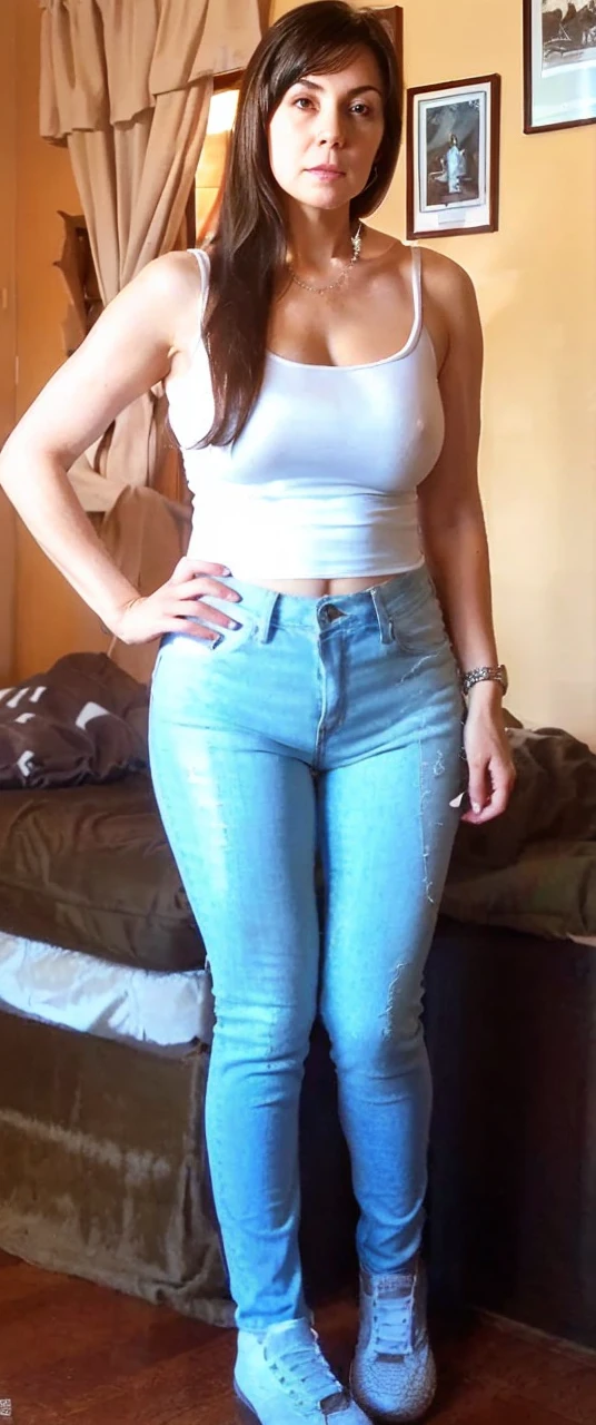 Granny, saggy, wrinkled skin, older, ,,big breastunette woman, long black hair, tight white shirt, tight blue jeans, long legs,big nipples showing through