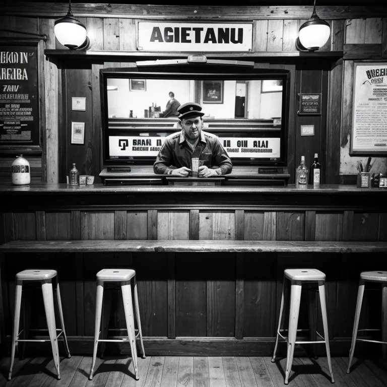 Generate an image of an old bar in Argentina. The bar has a nostalgic atmosphere, with wooden tables and chairs, walls decorated with black and white photographs and old advertising posters. In a corner of the bar, on a shelf, a classic television from the 60s is found, with a tube screen and a wooden casing. The TV is on, showing a black and white image from a television show from that era. The bar's soft lighting creates a warm and welcoming atmosphere... The image must have central focus since it is for the cover of a musical album about tango. The presence of a vintage television in the central part of the image is important .