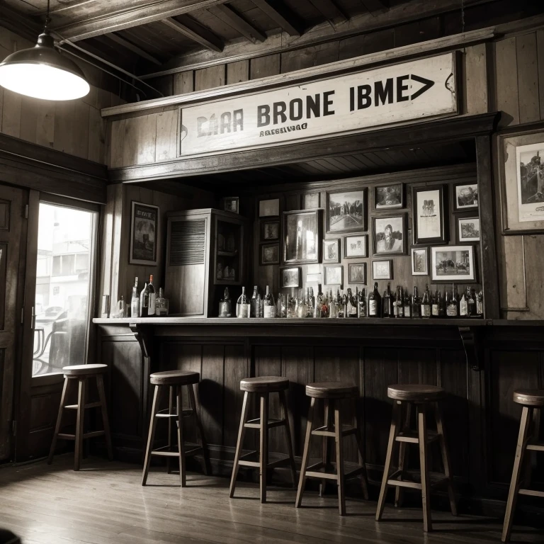 Generate an image of an old bar in Argentina. The bar has a nostalgic atmosphere, with wooden tables and chairs, walls decorated with black and white photographs and old advertising posters. In a corner of the bar, on a shelf, a classic television from the 60s is found, with a tube screen and a wooden casing. The TV is on, showing a black and white image from a television show from that era. The bar&#39;s soft lighting creates a warm and welcoming atmosphere... The image must have central focus since it is for the cover of a musical album about tango. The presence of a vintage television in the central part of the image is important .