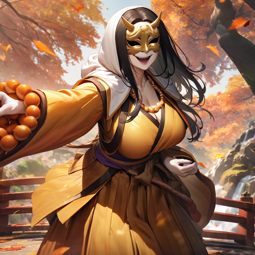 A woman wearing an orange monk uniform with long sleeves, a long dress,Japanese style necklace around the neck, on a Japanese aesthetic bridge, autumn trees, orange leaves,white hood in hair, big breasts,several orange leaves falling, orange aura, orange energy, very detailed, perfect eyes, perfect smile, perfect lips, black hair, straight hair, smiling, purple eyes,crazy woman expression,wearing a golden yokai mask, mask covering the entire face, place of day, on a high point of the mountain, standing upright., UHD , prime work , accurate , anatomically correct , textured skin , super details , high quality , best quality, 8k, high resolution, bokeh effect. (woman solo), close view
